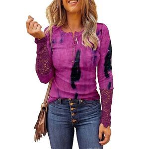 NXH Purple & Black Tie Dye Lace Patchwork Half Button Top Size S